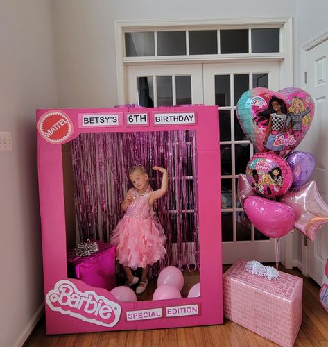 This Barbie special Edition birthday photo box was easy to make, and my grandaughter loved it! All you need is a deluxe XL wardrobe box from U-Haul, Barbie pink paint from Home Depot, exacto knife to cut opening, package tape, white foam, and a computer and printer to print out the words. Kid Costume, Wardrobe Boxes, Barbie Box, Exacto Knife, Barbie Birthday Party, Barbie Birthday, Birthday Box, Photo Box, Pink Paint