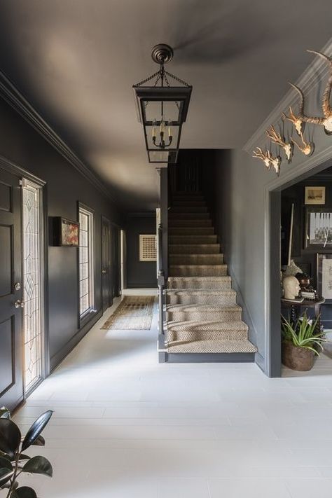 dark walls, mouldings, ceiling all painted the same color | modern farmhouse Modern Gothic Interior Design, Modern Gothic Interior, Gothic Interior Design, Sean Anderson, Dark Ceiling, Grey Ceiling, Gothic Interior, Modern Gothic, Grey Houses