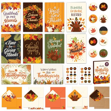 PRICES MAY VARY. DAZZLE WITH THANKSGIVING SPIRIT - Brighten the Thanksgiving celebration with this thanksgiving notecards. Featuring festive fall-themed designs with elegant foil & glitter glue accents, these cards make your Thanksgiving greetings extra special. COMPLETE CARD SET - Mix and match this pack of Thanksgiving cards with envelopes. This set includes 40 cards in 10 festive designs, 40 envelopes with pre-water gum closures and printed linings in 5 designs, and 45 matching stickers in 10 Happy Thanksgiving Cards, Thoughtful Messages, Farmhouse Classroom, Matching Stickers, Thanksgiving Messages, Thanksgiving Greeting, Gratitude Cards, Thanksgiving Greeting Cards, Thanksgiving Card