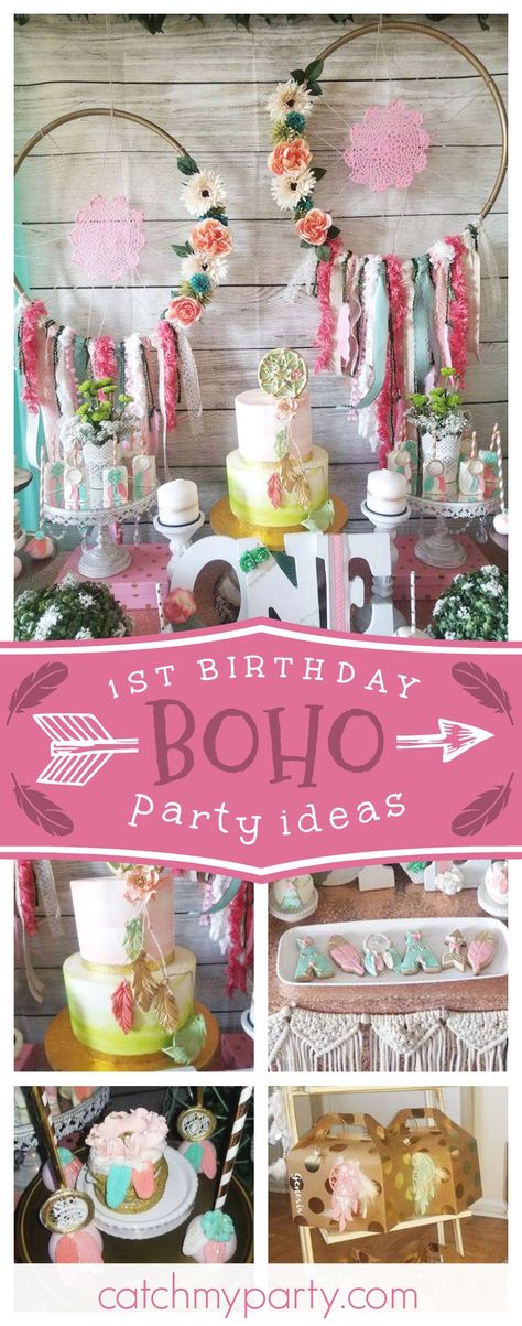 Check out this amazing Boho 1st birthday party!! The birthday cake is fabulous!! See more party ideas and share yours CatchMyParty.com #catchmyparty #boho #dreamcatcher #1stbirthday Boho Party Ideas, Boho 1st Birthday Party, Boho 1st Birthday, Birthday Boho, Boho Birthday Party, Deco Champetre, Wild One Birthday Party, Boho Party, Boho Birthday