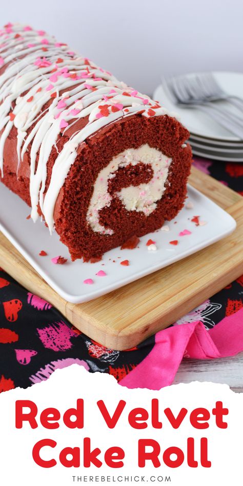 Cake roll made from red velvet cake and topped with vanilla frosting and pink and red heart shaped sprinkles Red Velvet Cake Roll Recipe, Easy Cake Mix Desserts, Red Velvet Cake Roll, Jelly Roll Cake, Red Velvet Recipes, Cake Mix Desserts, Red Velvet Cake Mix, Cake Roll Recipes, Cake Pie