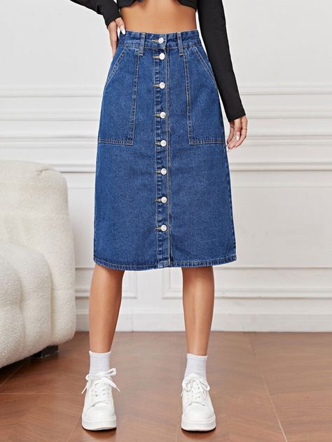 Long Denim Skirt Outfit, Button Front Denim Skirt, Denim Skirts Knee Length, Jean Skirt Outfits, Vintage Denim Skirt, Denim Skirt Outfits, Jeans Claro, Long Denim Skirt, Rock Outfit