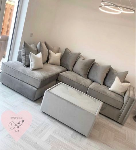 Dove Grey 8.5ft x 6.5ft bespoke L shape sofa made in luxury French fabric with matching glass top coffee table 💗 Shape Sofa, L Shape Sofa, Elegant Bedding, Single Room, French Fabric, Glass Top Coffee Table, Gray Sofa, L Shaped Sofa, Luxury Sofa