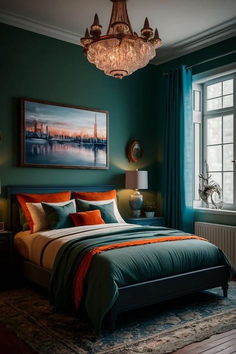 #bedroominterior #fyp #foryou #reels #viral #viralreels #interior #interiordesign Sapphire Blue Bedroom, Green And Orange Bedroom, Lime Green Bedrooms, Petrol Color, 2024 Bedroom, Tech Room, Fall Bedroom Decor, Orange Bedroom, Cozy Fall Bedroom