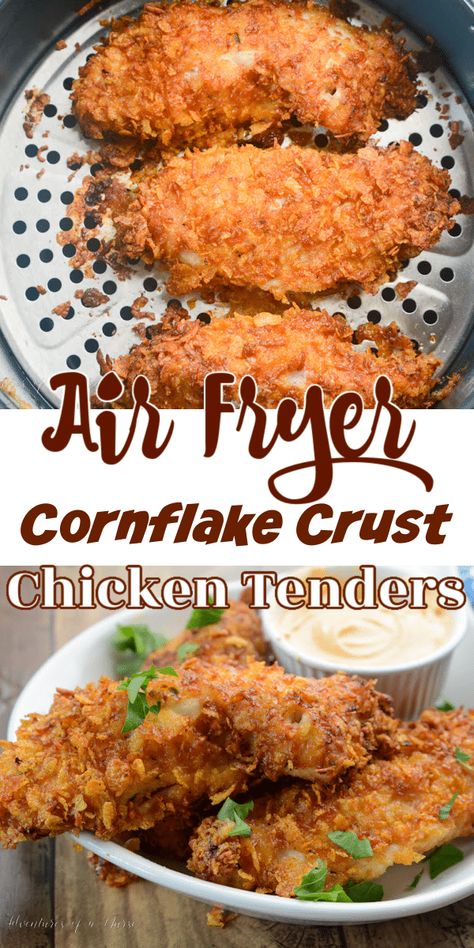 These incredibly moist Air Fryer Cornflake Chicken Tenders are so delicious and so crispy as it combines mayonnaise, crumbled cornflakes, parmesan cheese and then flavored with spices to make an irresistible meal with a fraction of the calories from other chicken tenders. Air Fryer Cornflake Chicken, Cornflake Chicken Tenders, Air Fried Chicken Tenders, Cornflake Chicken, Apple Crisps, Crusted Chicken Tenders, Air Fryer Fried Chicken, New Air Fryer Recipes, Air Fryer Chicken Tenders