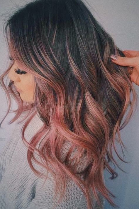 Brunette Hair With Peach Highlights, Rose Gold Balayage On Dark Hair, Brunette And Pink Balayage, Coral Highlights Brown Hair, Rose Highlights Brunette, Pastel Pink Balayage Brunette, Peach Highlights Hair Dark Brown, Dark Rose Gold Hair Brunettes, Brunette Pink Highlights