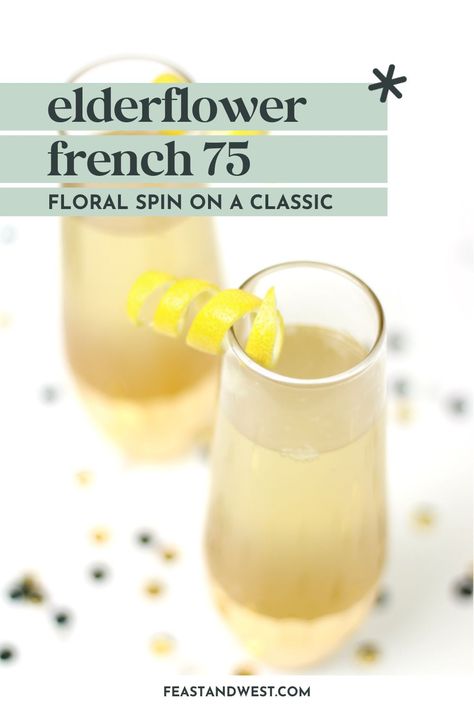 Say cheers to the new year with an Elderflower French 75! It's a floral take on the classic champagne cocktail with lemon, gin and elderflower liqueur. Elderflower Champagne, French 75 Cocktail Recipes, Strawberry Martini, Frozen Drinks Alcohol, Elderflower Cocktail, French 75 Cocktail, Cheers To The New Year, French 75, Happy Hour Cocktails