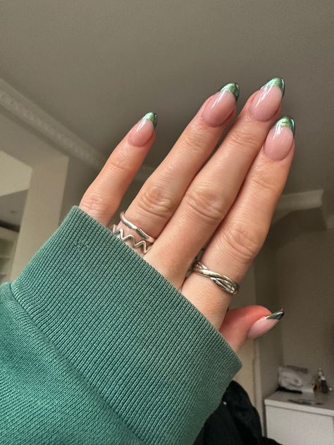 Shiny Green French Tip Nails, Green Chrome French Tip Nails Square, Chrome Green Nails French, Emerald Green Chrome French Tip Nails, Green Chrome Tips, Dark Green Chrome French Tip Nails, Green French Tip With Chrome, Green French Chrome Nails, Green Chrome Tip Nails