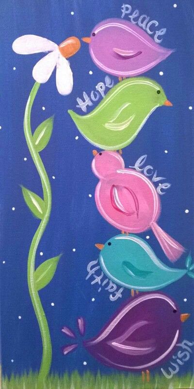 Love Birds Canvas Painting, Easy Birds Painting, Spring Easy Paintings, Spring Sip And Paint Ideas, Peace Painting Ideas, March Painting Ideas, Whimsical Painting Ideas, Spring Painting Ideas Easy, Easy Paint And Sip Ideas