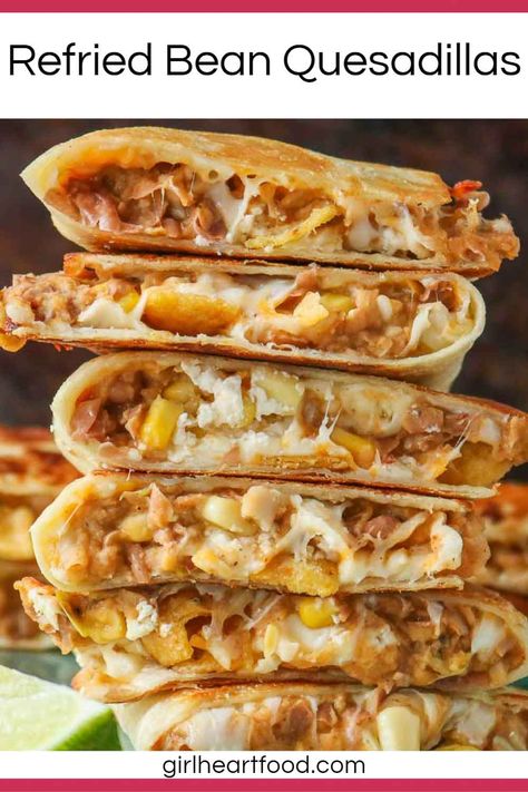 If you're looking for an easy quesadilla recipe, these refried bean quesadillas are delicious! There's lots of cheese, corn and chips for crunch. They make for a satisfying dinner any day of the week. #refriedbeanquesadillas #refriedbeanrecipe #quesadillaswithrefriedbeans #beanquesadillas #beanandcheesequesadilla #recipeusingrefriedbeans #quesadillarecipe Bean And Cheese Quesadilla Recipes, Refried Beans Lunch Ideas, Bean Cheese Quesadilla, Refried Beans Quesadilla Recipes, Refried Bean And Cheese Quesadilla, Meatless Quesadilla Recipes, Refried Bean Quesadilla Recipes, Refried Beans Quesadilla, Crimpit Recipe Ideas