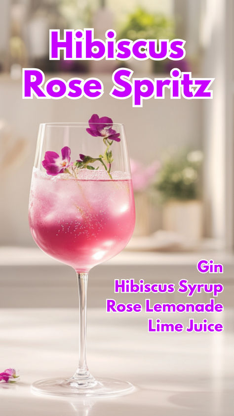 Hibiscus Rose Spritz Hibiscus Syrup Recipes, Hibiscus Gin Cocktail, Hibiscus Cocktail Recipe, Rosé Cocktails, Hibiscus Recipe, Spritz Cocktails, Cocktails Aesthetic, Hibiscus Cocktail, Summer Drinks Alcohol Recipes