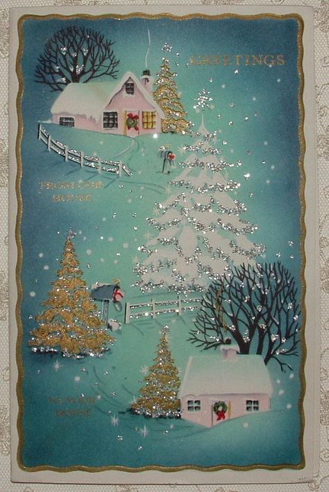 Glittered, Gold - Pink Houses in the Snow-1950's Vintage Christmas Greeting Card | #1720694632 Vintage Christmas Greeting Cards, Vintage Christmas Card, Vintage Christmas Images, Christmas Graphics, Old Christmas, Christmas Greeting Card, Pink Houses, Christmas Past, Christmas Scenes