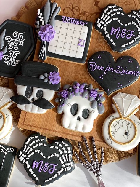 Welcome To The Dark Side We Have Cookies, Goth Wedding Cookies, Halloween Bridal Shower Cookies, Gothic Wedding Cookies, Halloween Wedding Cookies Decorated, Halloween Wedding Cookies, Halloween Bridal Shower Ideas, Piped Cookies, Rolled Cookies