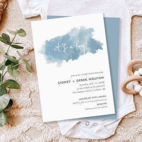 Minimalist Ink Wash Its A Boy Baby Shower Invitat Invitation #zazzle #weddinginvitations #birthdayinvitations #babyshowerinvitations #zazzleinvitations #monogram #businesscards #graduation #homedecor Baby Boy Invitations, Watercolor Baby Shower, Hipster Babies, Minimalist Typography, Minimalist Baby, Simple Invitation, Party Details, Ink Wash, Blue Baby Shower