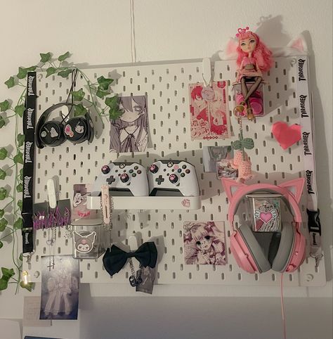 #pink #purple #gaming #headphones #xboxone #pegboard #gaming #kawaii #fyp #teenroomdecor Pegboard Gaming Setup, Green And Pink Gaming Setup, Pegboard Gaming, Gaming Pegboard, Pink And Green Gaming Setup, Kawaii Pegboard, Pink And Purple Gaming Setup, Purple Gaming Set Up Aesthetic, Girly Streaming Setup