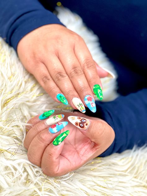 Video Game Nails Designs, Video Game Nail Art, Animal Crossing Nail Art, Animal Crossing Nails, Video Game Nails, Game Nails, Nerdy Nails, Spring Video, Glossy Nails