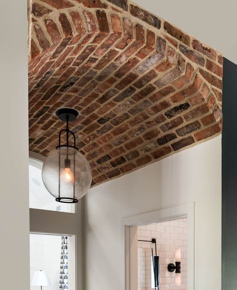 Hall ceiling detailing - Brick ceiling - Crisp Architects Brick Ceiling Design, Arched Brick Ceiling, Brick On Ceiling, Brick Ceiling Kitchen, Brick Interior Archway, Brick Doorway Interior, Brick Arches Interior, Brick Ceiling Ideas, Interior Brick Archway