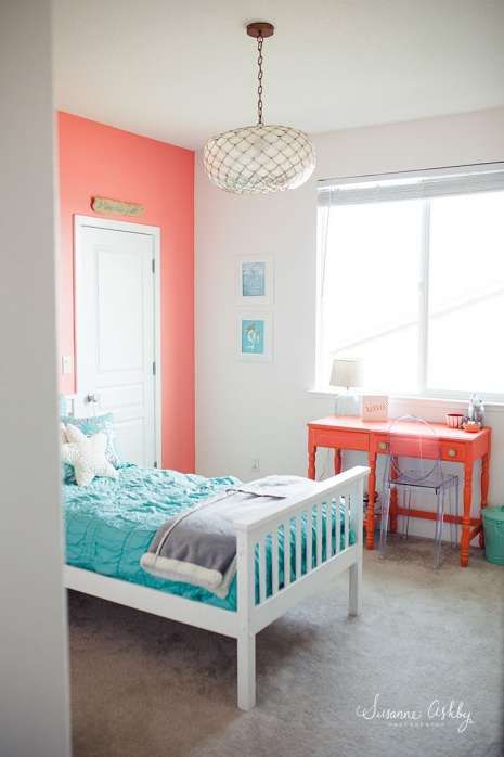 Coral Girls Bedroom, Coral And Blue Bedroom, Teal Coral Bedroom, Teal And Coral Bedroom, Coral And Teal Bedroom, Peach And Teal Bedroom, Coral Desk, Girls Bedroom Coral, Coral Bedroom Decor