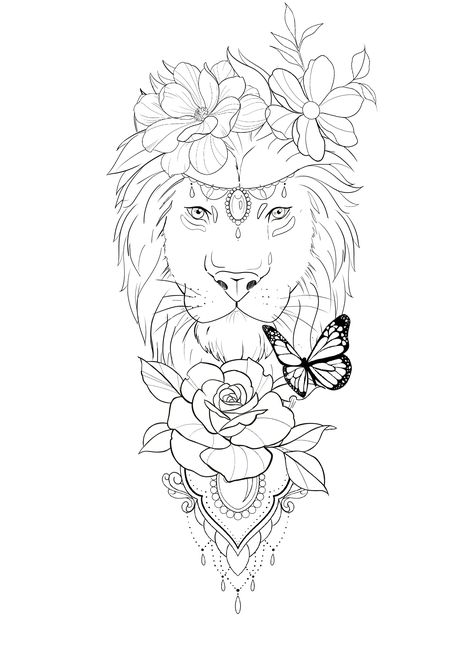 Lion Flowers Design, Lion And Rose Tattoo Stencil, Lion With Flowers Tattoo For Women, Lion Flower Tattoo Design, Lion Rose Tattoo, Lion Tattoo Stencil, Lion And Rose Tattoo, Lion Tattoo With Flowers, Butterfly Mandala Tattoo