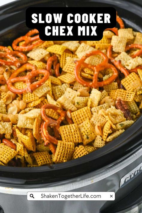 Slow Cooker Chex Mix combines the crunch of cereal, pretzels, and nuts with savory seasonings. Just toss everything in the slow cooker for a couple of hours, and you've got a crowd-pleasing snack ready to enjoy. Chex Mix Slow Cooker, Homemade Chex Mix Recipe Slow Cooker, Crockpot Fall Chex Mix Recipes, Crockpot Chex Mix Recipes Slow Cooker, Slow Cooker Chex Mix Recipes, Pub Mix Recipe, Fishing Snacks, Chex Mix Recipes Crock Pot, Crockpot Receipts