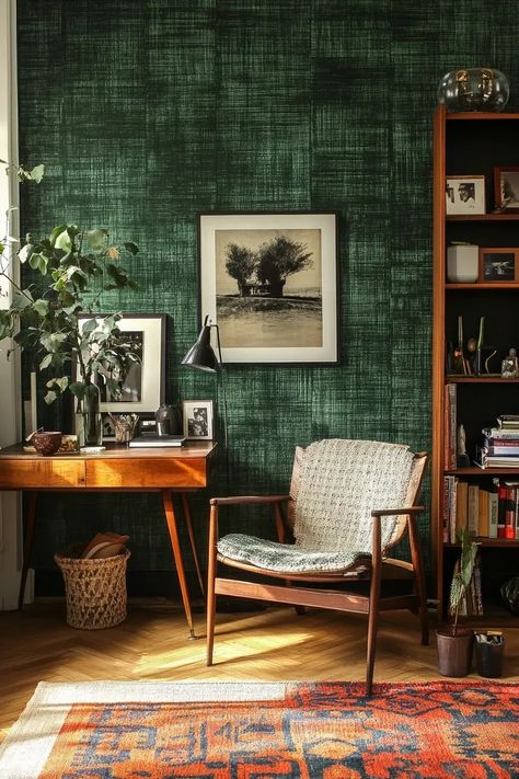 20 Dark Green Home Office Ideas, Turn your small home office into a sophisticated space with dark green walls. Add hooks for extra storage and make the most of every inch. #SmallHomeOffice #GreenOfficeWalls #HomeDecorHooks #DarkGreenHomeOffice #OfficeInspirationWorkspaces #DesignOffice #HomeOfficeInspiration Forest Green Basement, Dark Walls Office, Dark Green Office Decor, Green Accent Wall Office, Green Office Aesthetic, Green Study Room, Dark Green Home Office, Green Home Office Ideas, Green Office Walls