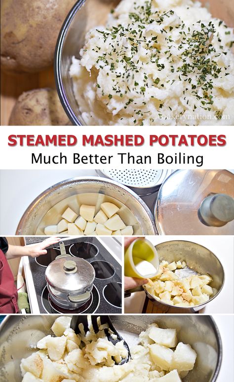 Want perfectly fluffy mashed potatoes? Steam them instead of boiling. How To Boil Potatoes For Mashed, Steamed Potatoes Recipes, Steaming Potatoes, No Boil Mashed Potatoes, Boiling Potatoes For Mashed Potatoes, How To Steam Potatoes, Cooking Mashed Potatoes, Steamed Potatoes, Fluffy Mashed Potatoes