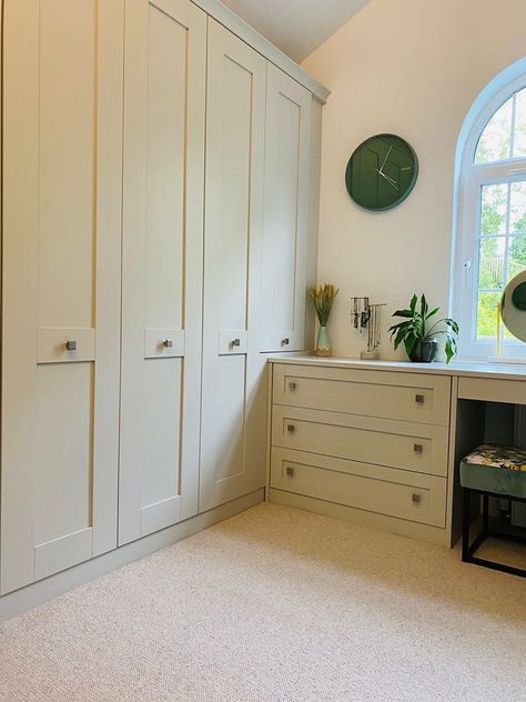 Small Room Fitted Wardrobes, Box Room Wardrobe Walk In, Howdens Fitted Wardrobes, Small Bedroom Fitted Wardrobes, Small Box Room Dressing Room Ideas, Storage In Bedroom Ideas, Box Room Dressing Room, Scandi Dressing Room, Fitted Wardrobe And Dressing Table