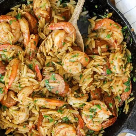 Sausage And Shrimp Recipes, Orzo Pasta Recipe, Shrimp And Orzo, Sausage Orzo, Orzo Pasta Recipes, Sausage Shrimp, Shrimp Sausage, Chicken Apple Sausage, Orzo Recipes