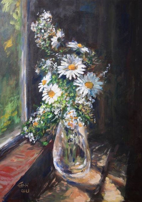 Original Art Oil Painting, measuring: 50W x 70H x 2D cm, by: Ellen Fasthuber-huemer (Austria). Styles: Realism, Photorealism, Fine Art, Modern, Impressionism. Subject: Still Life. Keywords: Realismen, Impressionismen, Romantic, Daisies, Window, Sunlight, Shadows, Still Life, Original, Oilpainting, Flowers. This Oil Painting is one of a kind and once sold will no longer be available to purchase. Buy art at Saatchi Art. Oil Painting For Gift, Vintage Flower Painting Aesthetic, Art Still Life Painting, Flowers Still Life Painting, Flowers By Window, Flower Vase Oil Painting, Still Life Impressionism, Ethereal Oil Painting, Drawings Of Windows