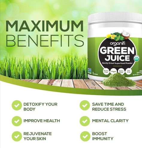 For more info: http://bit.ly/2uo1oG1 Green Juice Powder, Green Juice Benefits, Organifi Green Juice, Herbal Cleanse, Reducing Cortisol Levels, Drink Juice, Superfood Supplements, Healthy Superfoods, Health World