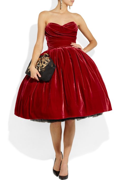 Dolce & Gabbana strapless velvet dress, Lanvin earrings, Jimmy Choo shoes, Marni clutch. But the dress!!! Strapless Velvet Dress, Glamour Ghoul, Sadie Hawkins, Fashion Silhouette, Radiant Red, Red Velvet Dress, Red Gowns, Holiday Wear, Red Dresses