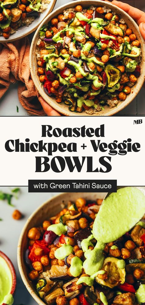 Mediterranean-inspired bowls with spicy chickpeas, roasted veggies, optional grains, and an herby green tahini sauce. A nourishing, plant-based meal with just 10 ingredients! Green Tahini Sauce, Chickpeas Roasted, Spicy Chickpeas, Green Tahini, Fresh Vegetable Recipes, Veggie Bowls, Roasted Chickpea, Spiced Chickpeas, Meat Free Recipes