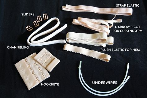 Materials checklist and descriptions for bra-making.Continue Reading... Pola Bra, Bra Making Supplies, Sewing Bras, Bra Sewing Pattern, Projek Menjahit, Old Bras, Diy Bra, Lingerie Patterns, Bra Materials