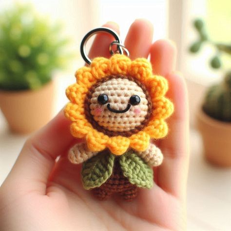 Amigurumi Flower Keychain, Crochet Key Chains Free Pattern Flower, Crochet Sunflower Keychain Pattern Free, Crochet Keychain Charms, Free Keychain Crochet Patterns, Key Chains Crochet, Crochet Keychain Pattern Free Easy, Free Crochet Keychain Patterns, Sunflower Crochet Keychain