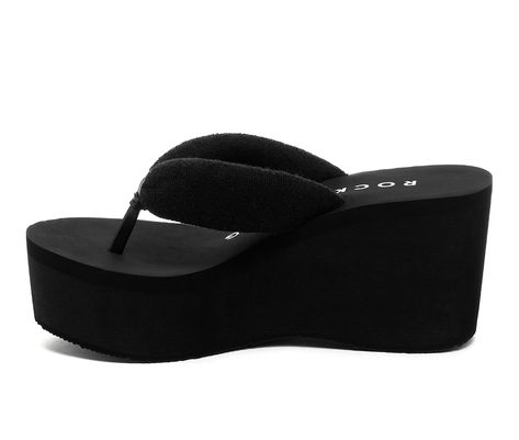 Women's Platform Flip Flop, Black Platform Sandal, Black Puffy Straps, Black Terrycloth thong tube strap, EVA Platform Bottom for Extra Comfort. Terry Cloth Cotton upper, Slip on entry,3\ platform, Round open toe with thong post, EVA footbed, EVA outsole | Women's Rocket Dog Crushpuff Platform Flip Flops Sandals in Black Size 7 Goth Flip Flops, Platform Flip Flops Y2k, Platform Wedge Sandals Outfit, 2000s Platform Sandals, Y2k Flip Flops, Foam Platform Sandals, Black Platform Flip Flops, Y2k Platform Sandals, Camp Fits