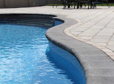 grey coping pools | Barollo™ Round Edge Coping Pool Coping Ideas, Swimming Pool Coping, Pool Decking Concrete, Pool Coping Tiles, Coping Tiles, Pool Paving, Landscaping Pool, Pool Plaster, Concrete Swimming Pool