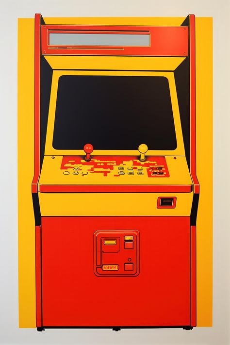 Add a touch of nostalgic fun to your living space with this vintage art print featuring a classic red and yellow arcade machine set against a crisp white background. This modern retro gaming art is perfect for any living room, bedroom, or home decor seeking a playful and vibrant accent. This contemporary illustration, capturing 80s gaming culture, is a delightful addition for any gamer's room. Add this framed arcade machine print to your decor for a unique tribute to arcade gaming's golden age. Vintage Golden Frame, Red And Yellow Branding, Arcade Machine Illustration, Arcade Sign, Street Fighter Arcade, Arcade Art, Diy Arcade, 70s Ceramics, Arcade Console