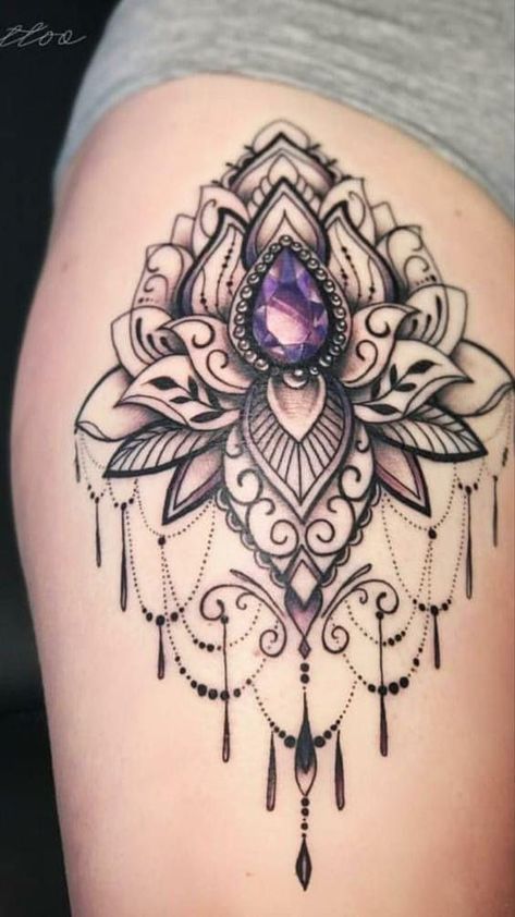 Dangly Tattoo Designs, Lace Jewel Tattoo, Thigh Tattoos Women Mandala, Gem Tattoos For Women, Jewel Tattoo Gem, Jewel Tattoos For Women, Jewelry Tattoos For Women, Gem Tattoo Design, Hip Thigh Tattoos Women