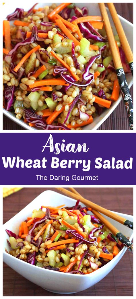 This Asian Wheat Berry Salad recipe is easy to make, features a vibrant rainbow of colors and textures, and is absolutely delicious! A perfect make-ahead salad. Wheat Berry Salad Recipes, Wheat Berry Recipes, Berry Salad Recipe, Daring Gourmet, Grain Salads, Wheat Berry Salad, Wheat Berry, Berry Salad, Superfood Salad