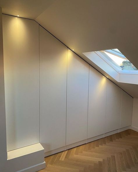 ikea pax sloped ceiling • Instagram Sloped Ceiling Built Ins, Wardrobe Sloped Ceiling, Vaulted Ceiling Storage, Attic Wardrobe Ideas Sloped Ceiling, Sloping Ceiling Bedroom, Dormer Bedroom Ideas Sloped Ceiling, Dormer Bedroom Ideas, Loft Conversion Ideas Layout, Loft Wardrobe