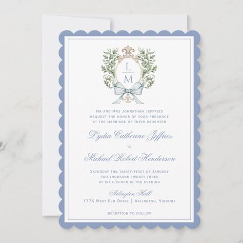 The elegant watercolor monogram crest gives this wedding invitation a beautiful and timeless look that any sophisticated bride will love.   Personalize this invitation with your initials inside the crest on front and back.  Colors include, light blue, green, golden yellow and tan.  If you have any questions or need help customizing this invitation, please reach out. I'm happy to help. Blue And Green Invitations, Blue And Green Wedding Invitations, Blue Green Wedding Colors, Planning 2023, Rehearsal Dinner Inspiration, Crest Monogram, Green Invitations, Watercolor Monogram, 2025 Wedding