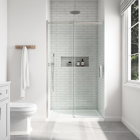 Chrome Shower Door, Chrome Towel Bar, Frameless Sliding Shower Doors, Bathtub Doors, Allen Roth, Double Sink Bathroom, Shower Surround, Double Sink Bathroom Vanity, Sliding Shower Door