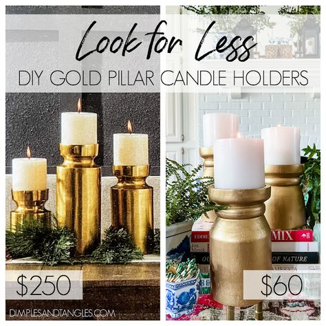 Diy Pillar Candle Holders, Candle Holder Makeover, Gold Pillar Candle Holders, Candle Holders Diy, Gold Pillar Candles, Gold Candle, Diy Gold, Gold Candle Holders, Pillar Candle Holder