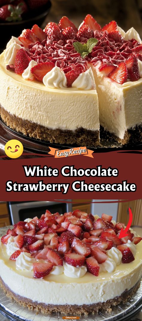 Indulge in the decadence of White Chocolate Strawberry Cheesecake. This creamy, dreamy dessert pairs rich white chocolate with the fresh zest of strawberries for a truly luxurious treat. #StrawberryCheesecake #WhiteChocolate #DecadentDessert White Chocolate Peanut Butter Cheesecake, Strawberry Cheesecake Decoration Ideas, Cheesecake For Christmas, Mini White Chocolate Cheesecake, Canning Strawberries, White Chocolate Strawberry Cheesecake, Bake Cheesecake Recipes, White Chocolate Filling, Strawberry Crunch Cheesecake