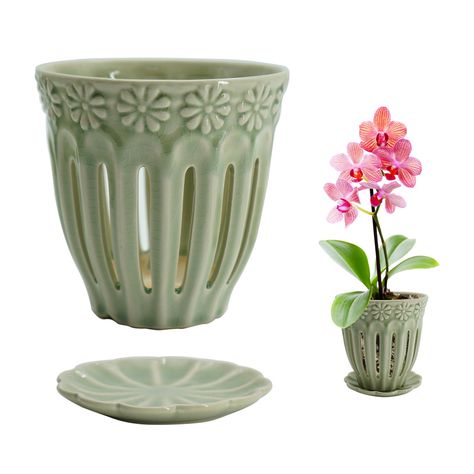 PRICES MAY VARY. [ Premium Quality ] Orchid pots are made of high quality clay, fired 2 times at low and medium high temperatures.It's strong and durable and won't crack on its own when there's no pressure or impact. Note: The glaze on the bottom of the planter pot is not intact because of the handmade process, this is normal for ceramic planters, this will not cause seepage, cracking. Please feel free to use it. [ Size & More Choise ] Orchid pot size: Outer diameter: 5.35 inches; Inner diameter Ceramic Orchid, Orchid Pots, Orchid Roots, Pot Ceramic, Orchid Pot, Tall Planters, Tiny Plants, Ceramic Plant Pots, Handmade Boutique