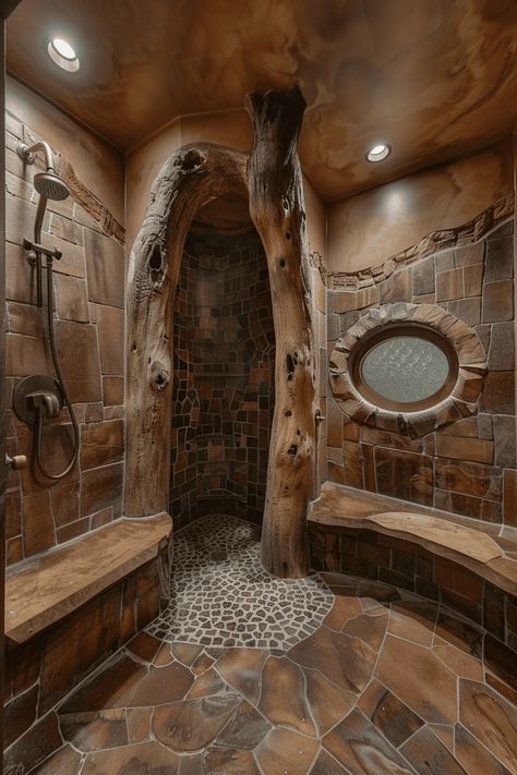 Discover the versatility of walk-in showers in small bathrooms Stone Bathroom Shower Ideas, Cave Shower Walk In, Curbless Shower Ideas Walk In, Walk In Shower Small, Open Shower Ideas, Rustic Walk In Shower Ideas, Shower Small Bathroom Ideas, Walk In Shower Small Bathroom, Dream Showers