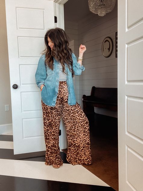 Women's Long Sleeve Oversized … curated on LTK Wide Leg Camo Pants Outfit, Leopard Pants Outfit Fall, Flowy Pants Outfit Fall, Wide Leg Leopard Pants Outfit, Cheetah Pants Outfit, Leopard Top Outfit, Leopard Pants Outfit, Flowy Pants Outfit, Momma Mia