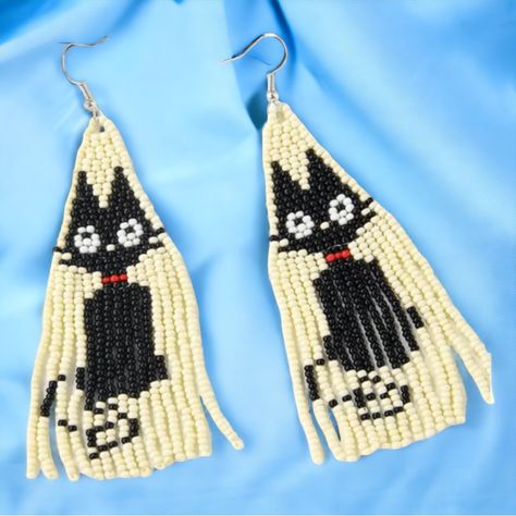 Only One Pair Is Available. They Won’t Last Long! An Excellent Gift For Cat Lovers. Stocking Stuffer. Beige & Black Beads On Silvertone Hooks With A Red Collar *“Fashion & Costume” Jewelry Are The Same Things - Not To Be Worn Every Day. Https://Www.Afashionblog.Com/What-Is-Fashion-Jewelry/ 082523 Cat Beaded Earrings, Beaded Cat Earrings, Large Silver Hoop Earrings, Black Cat Earrings, Round Dangle Earrings, Seed Bead Jewelry Patterns, Cat Bead, Beaded Earrings Native, Sunflower Earrings