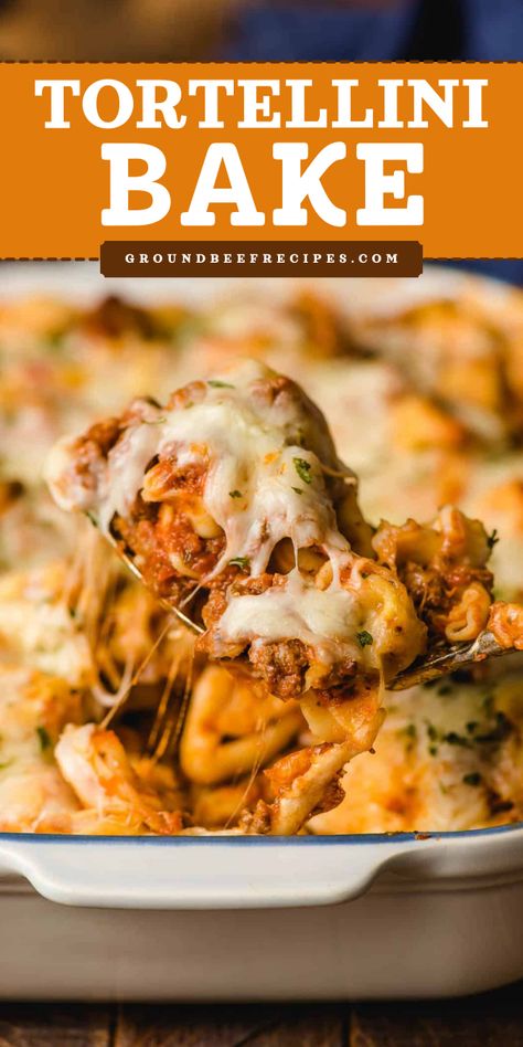 A 4-ingredient tortellini bake! It's just in time for a warm dinner idea. Cheesy and loaded with ground beef, this oven baked tortellini is a hearty casserole meal! Definitely one of the best comfort food recipes! Easy Cheesy Tortellini, Cheesy Tortellini Bake, Baked Tortellini Recipes, Casserole Meal, Best Comfort Food Recipes, Tortellini Casserole, Baked Tortellini Casserole, Baked Tortellini, Cheesy Tortellini