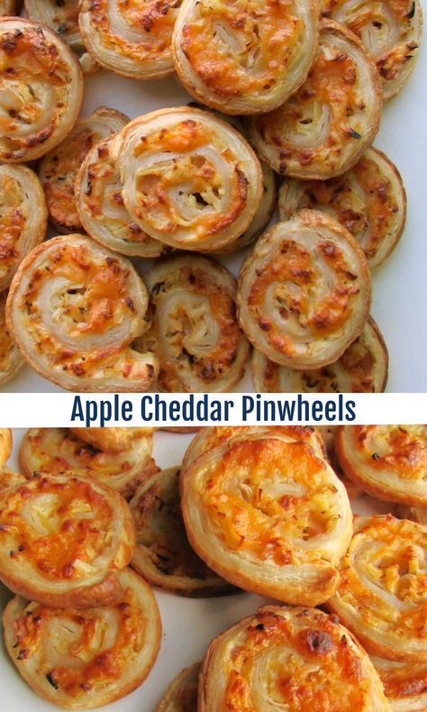 Flaky puff pastry wrapped around a savory filling of apples and cheddar cheese. These fun appetizers are perfect for fall. Plus you can assemble them ahead of time and slice and bake them when you are ready. They were a big hit with our crowd and I am sure they will be with yours as well. Apple Cheddar Pinwheels, Pie Crust Pinwheels, Pie Crust Appetizers, Fun Appetizers, Puff Pastry Pinwheels, Phyllo Dough Recipes, Apple Cheddar, Puff Pastry Appetizers, Pinwheel Appetizers